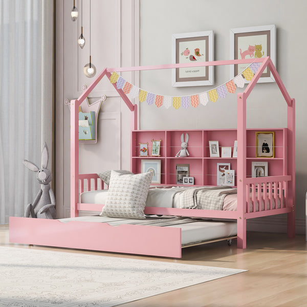 Wooden Twin Size House Bed with Trundle,Kids Bed with Shelf,Pink