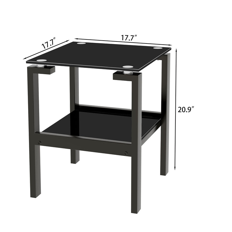 Tempered Gass End Table Set (Set of 2), Sofa Table With 2-Layer Storage Shelf - Black