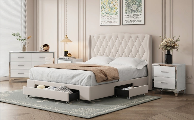 Upholstered Platform Bed with Tufted Headboard and 3 Drawers, No Box Spring Needed, Velvet Fabric, Queen Size Beige