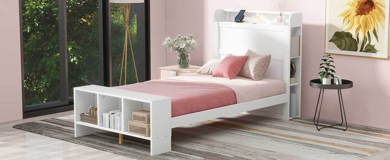 Twin Size Platform Bed with built-in shelves, LED Light and USB ports, White