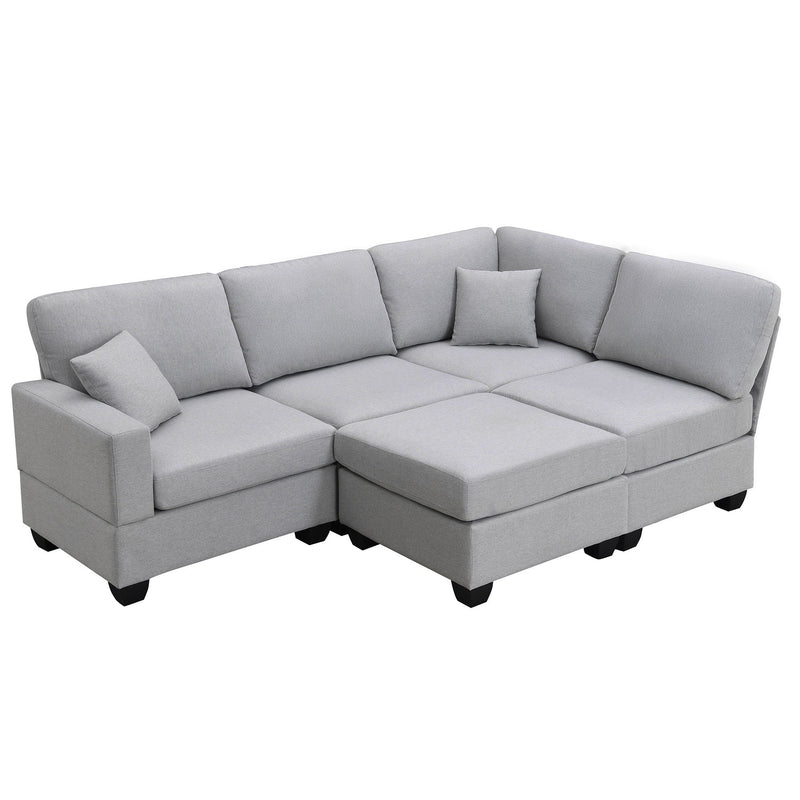 Modern Sectional Sofa, 5-Seat Modular Couch Set With Convertible Ottoman, L-Shape Linen Fabric Corner Couch Set With 2 Pillows For Living Room, Apartment, Office