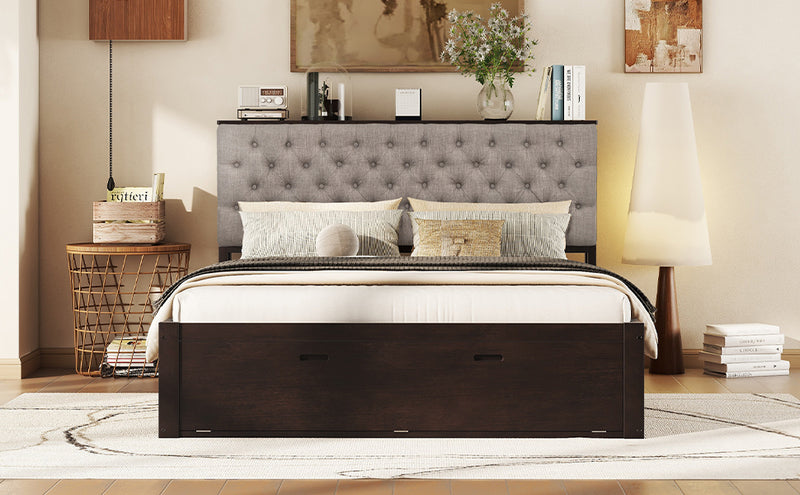 Wood Queen Size Platform Bed with Storage Headboard, shoe rack and 4 drawers,Espresso