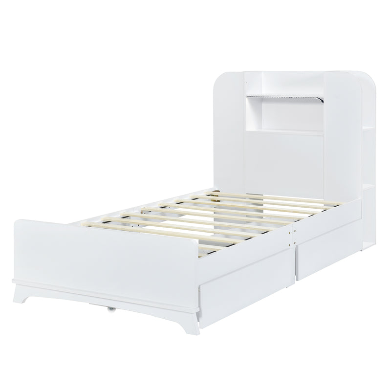 Twin Size Storage Platform Bed Frame with with Two Drawers and Light Strip Design in Headboard,White