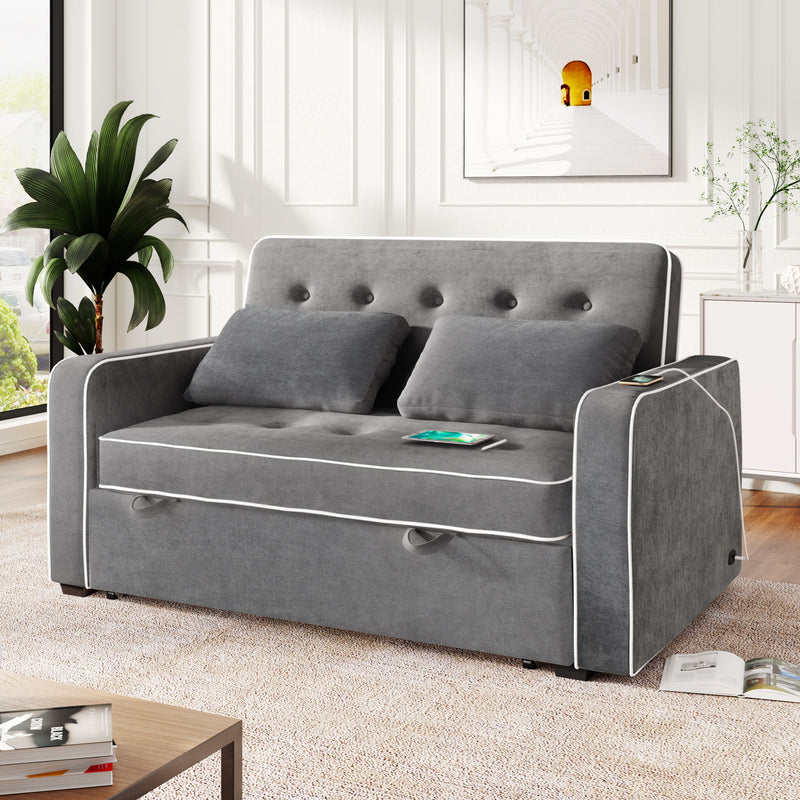 Upholstered Sleeper Bed, Pull Out Sofa Bed Couch Attached Two Throw Pillows, Dual USB Charging Port And Adjustable Backrest