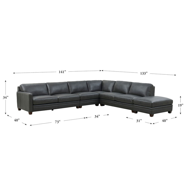 Naples - Top Grain Leather L-Shape 5 Piece Sectional (Right End Ottoman) - Gray