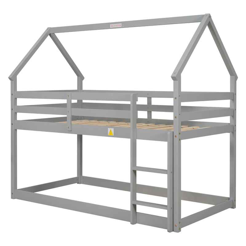 Twin over Twin Loft Bed with Roof Design, Safety Guardrail, Ladder, Grey