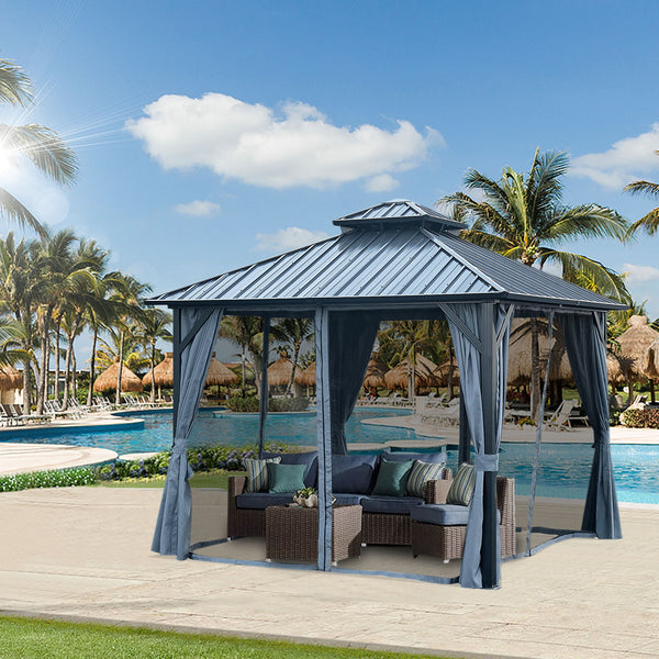 Patic Gazebo, Alu Gazebo With Steel Canopy, Outdoor Permanent Hardtop Gazebo Canopy For Patio, Garden, Backyard - Gray