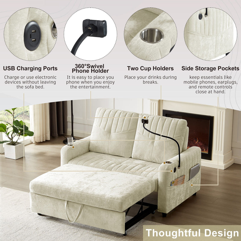 Modern Loveseat Pull Out Sofa Bed With Adjustable Backrest, Two Cup Holders, A Phone Holder, Three Charging Ports And Side Storage Pockets For Living Room