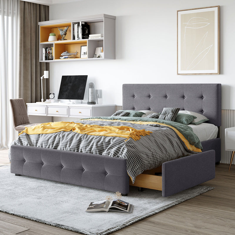 Queen Size Upholstered Platform Bed With Classic Headboard And 4 Drawers, No Box Spring Needed - Dark Gray