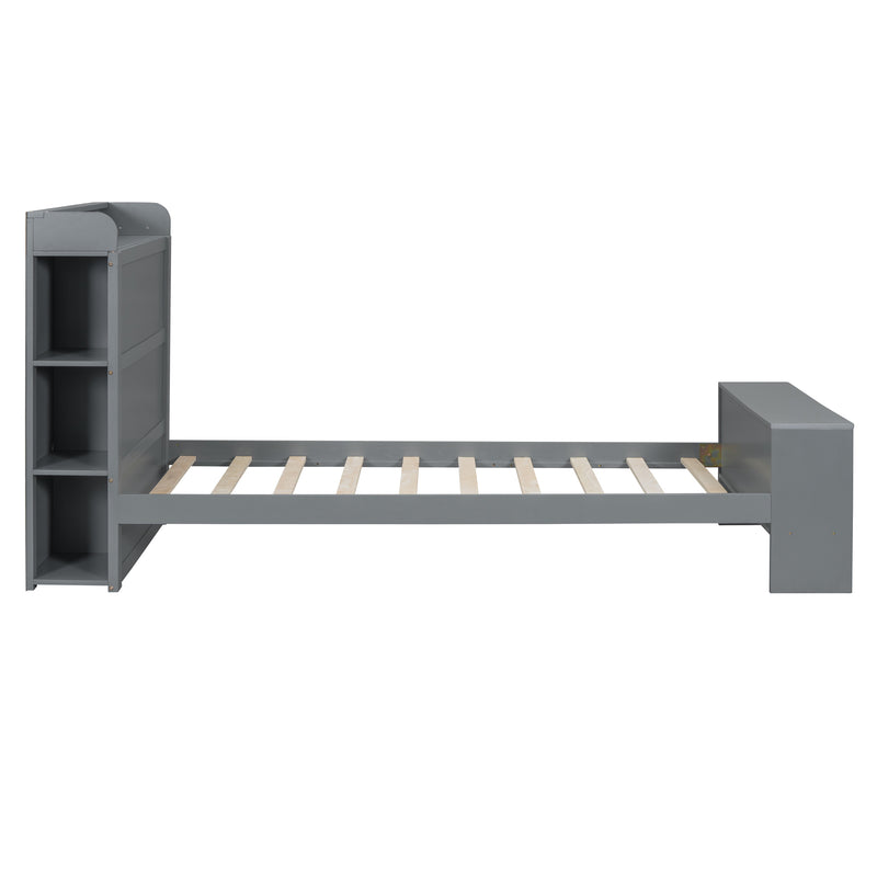 Twin Size Platform Bed with built-in shelves, LED Light and USB ports, Gray