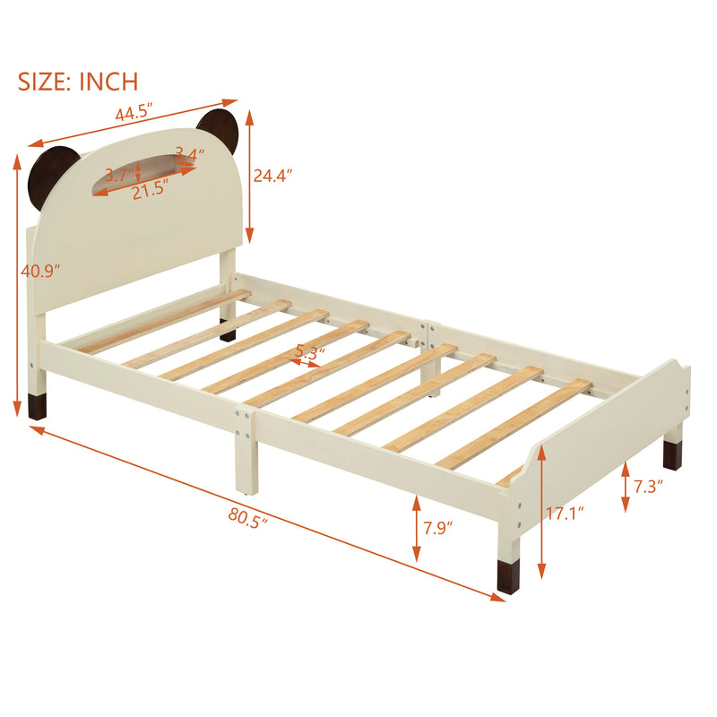 Twin Size Wood Platform Bed with Bear-shaped Headboard,Bed with Motion Activated Night Lights,Cream+Walnut