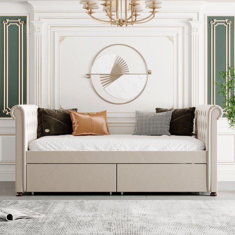 Twin Size Upholstered Daybed With Drawers, Wood Slat Support - Beige