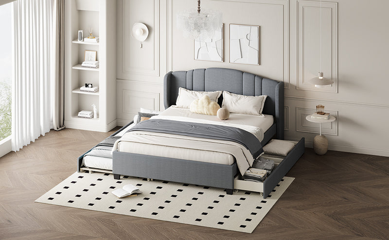 Upholstered Platform Bed with Wingback Headboard, One Twin Trundle and 2 Drawers, No Box Spring Needed, Linen Fabric, Queen Size Gray