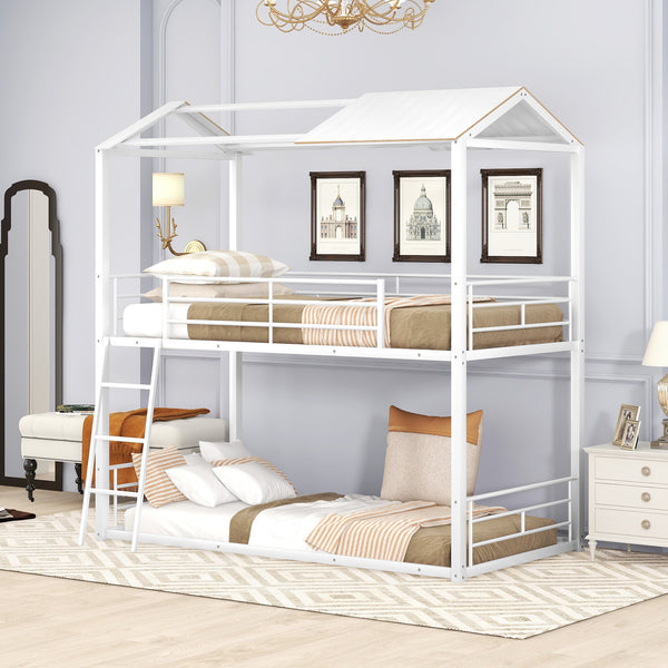 Twin Over Twin Bunk Bed Metal Bed with Half Roof, Guardrail and Ladder White