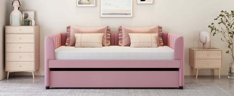 Twin Size Upholstered Daybed with Ergonomic Design Backrest and Trundle, Pink