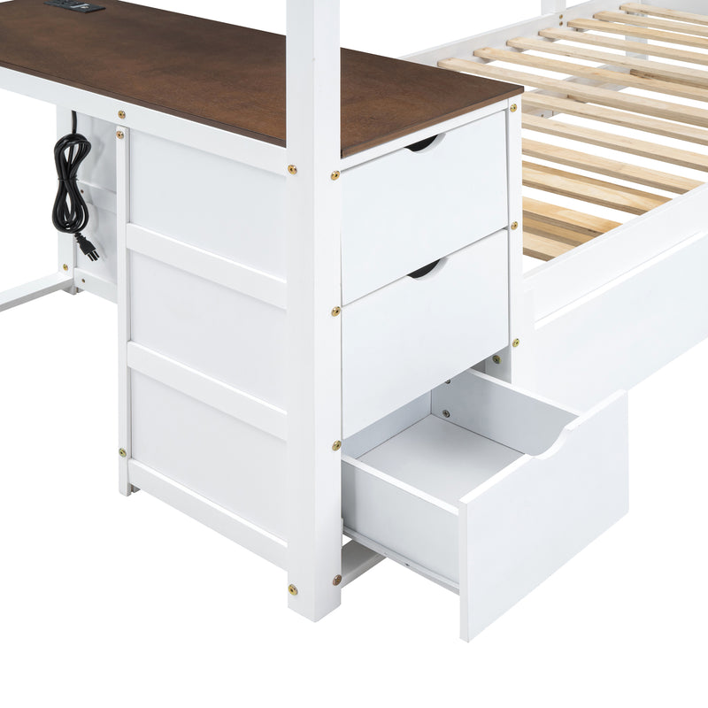 Twin-Over-Twin Bunk Bed with Twin size Trundle, Storage and Desk, White+Walnut