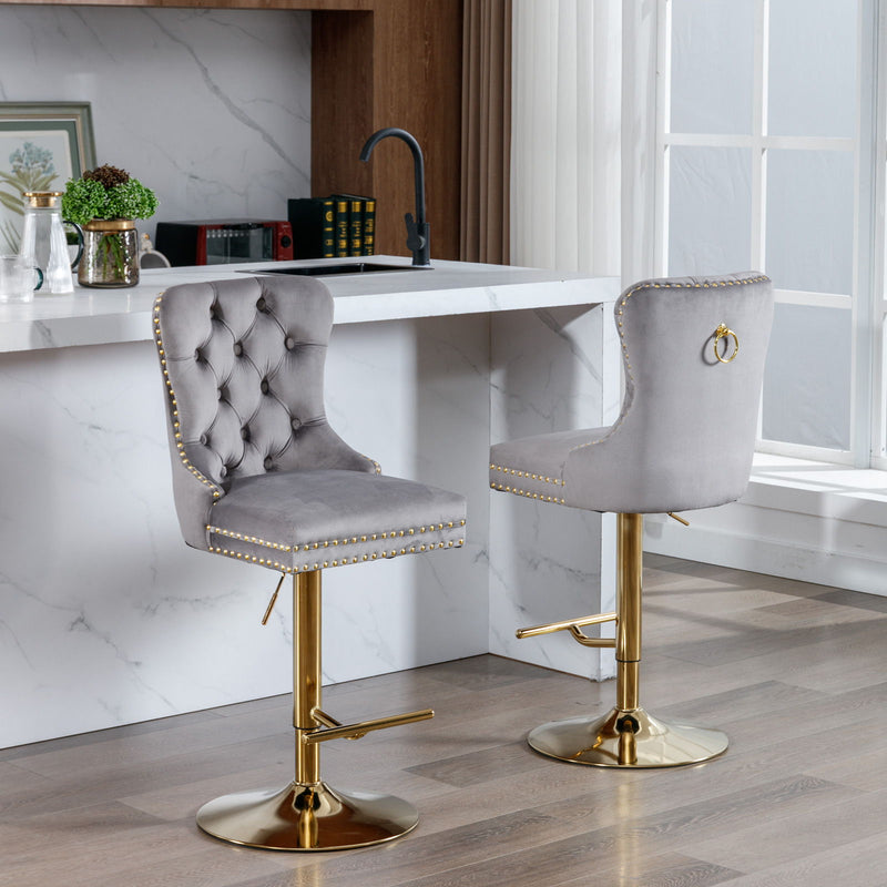 Thick Golden Swivel Velvet Barstools Adjusatble Seat Height From 25-33", Modern Upholstered Bar Stools With Backs Comfortable Tufted For Home Pub And Kitchen Island (Set of 2)