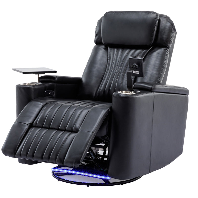 270 Degree Power Swivel Recliner, Home Theater Seating With Hidden Arm Storage And LED Light Strip, Cup Holder, 360 Degree Swivel Tray Table, And Cell Phone Holder, Soft Living Room Chair