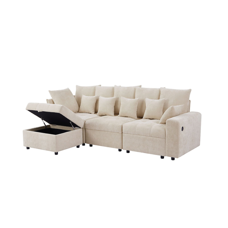 Sectional Sofa Modular Sofa Couch With Three USB Ports, A Removable Storage Ottoman And Five Back Pillows For Living Room