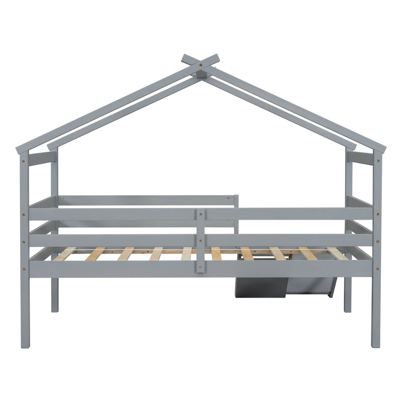 Low Loft House Bed With Slide, Ladder, Safety Guardrails, House Roof Frame