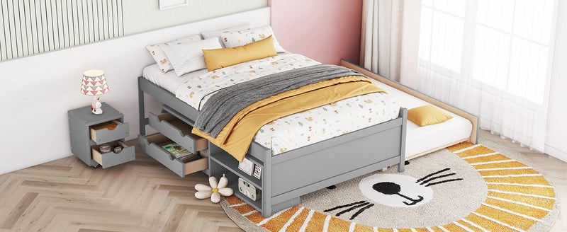 Versatile Full Bed with Trundle,Under bed Storage Box and Nightstand .Grey