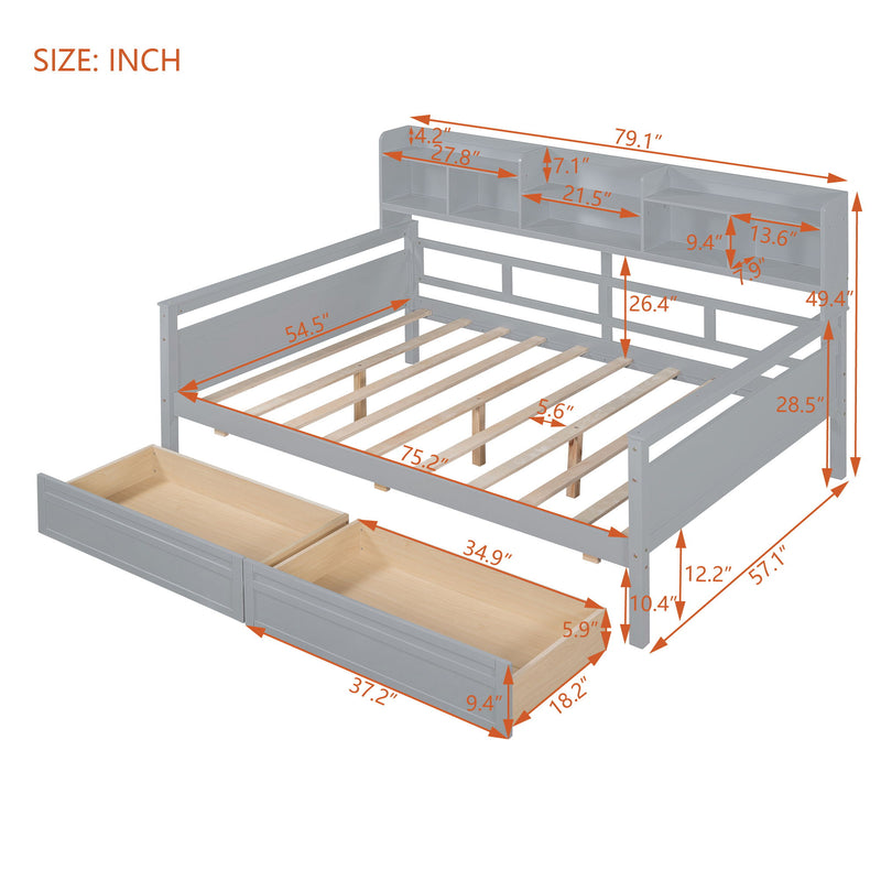 Daybed, Wood Slat Support, With Bedside Shelf And Two Drawers