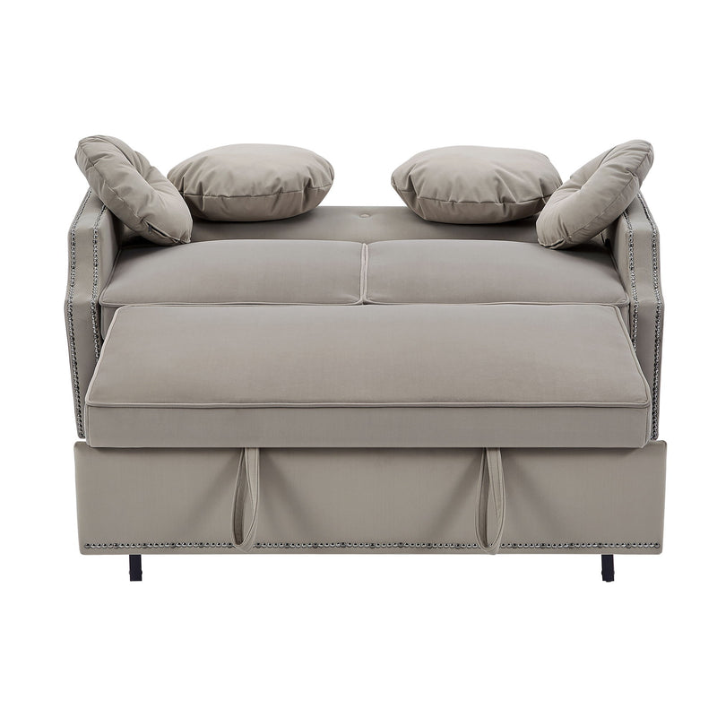 Multiple Adjustable Positions Sofa Bed Stylish Sofa Bed With A Button Tufted Backrest, Two USB Ports And Four Floral Lumbar Pillows For Living Room, Bedroom, Or Small Space