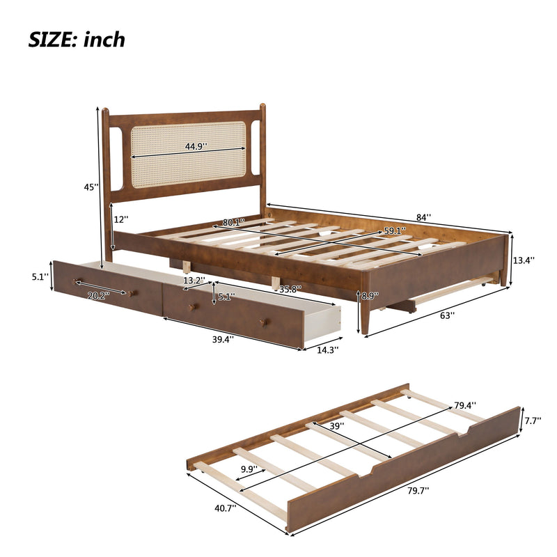 Wooden Rattan Platform Bed, With 2 Big Drawers & Trundle