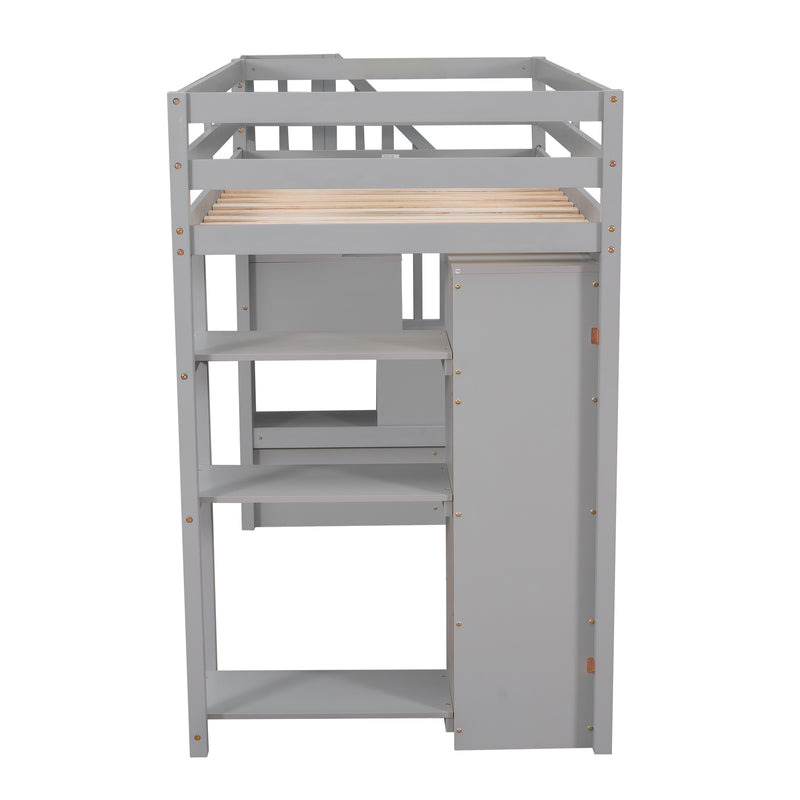 Twin size Loft Bed with Storage Drawers and Stairs, Wooden Loft Bed with Shelves - Gray