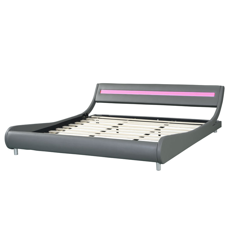 Upholstered Platform Bed Frame With LED Lighting, Curve Design, Wood Slat Support, No Box Spring Needed