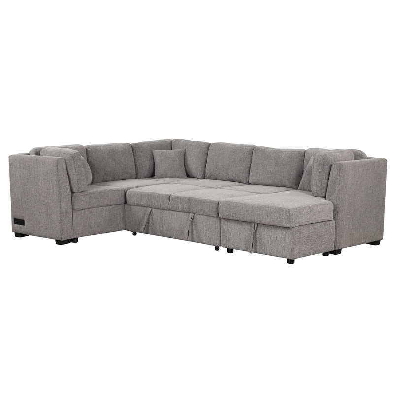 U-Shaped Sectional Sofa Pull Out Sofa Bed With Two USB Ports, Two Power Sockets, Three Back Pillows And A Storage Chaise For Living Room