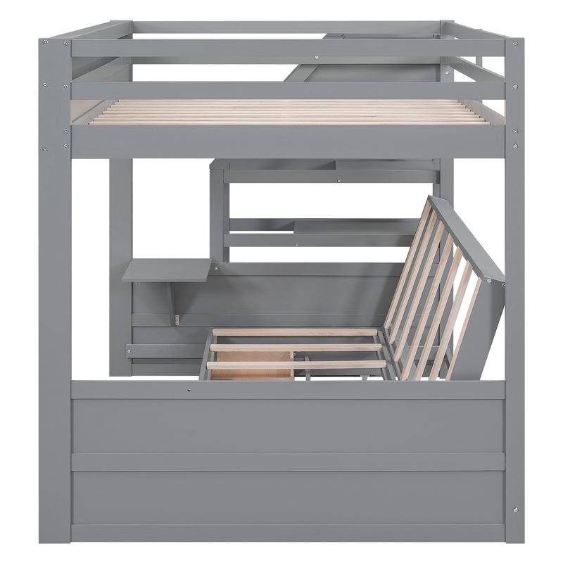 Wood Full Size Convertible Bunk Bed with Storage Staircase, Bedside Table, and 3 Drawers, Gray