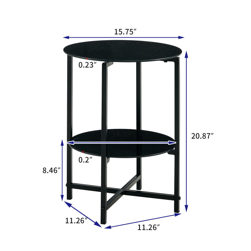 Jws-W241 Tempered Glass End Table (Set of 2) , Round Coffee Table For Bedroom Living Room Office - Black