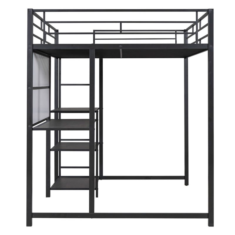 Full Size Loft Bed With Desk And Whiteboard, Metal Loft Bed With 3 Shelves And Ladder - Black