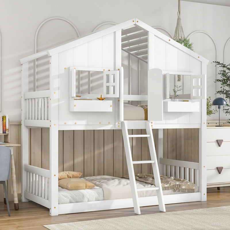 Twin over Twin House Bunk Bed with Roof , Window, Window  Box, Door , with Safety Guardrails and Ladder,White