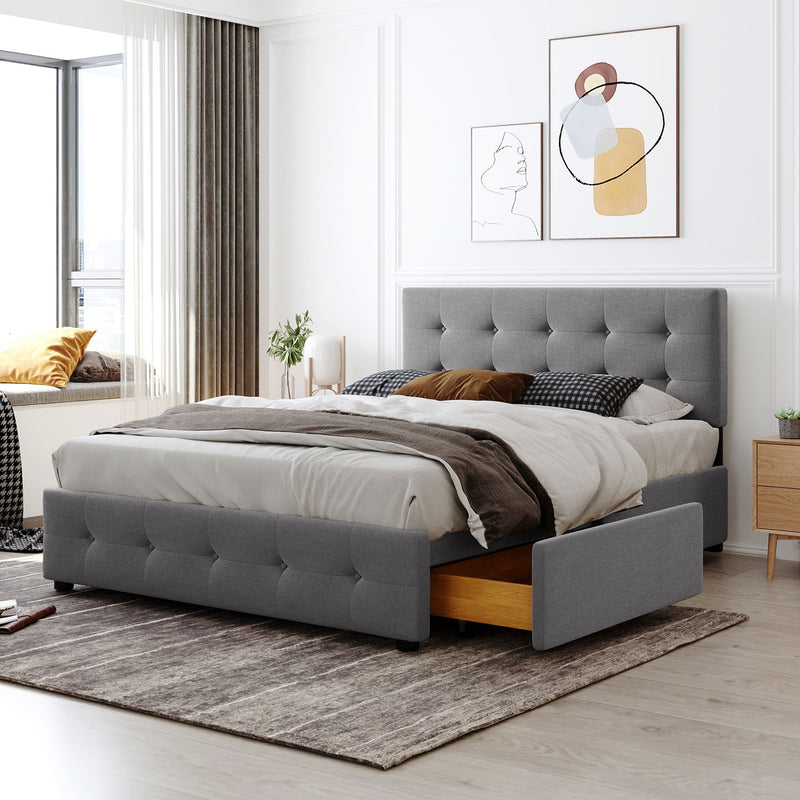 Upholstered Platform Bed with Classic Headboard and 4 Drawers, No Box Spring Needed, Linen Fabric, Queen Size Light Gray