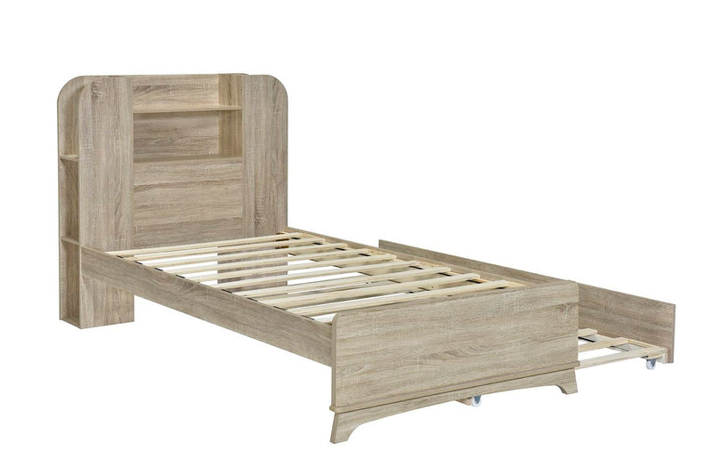 Twin Size Storage Platform Bed Frame with with Trundle and Light Strip Design in Headboard,Natural