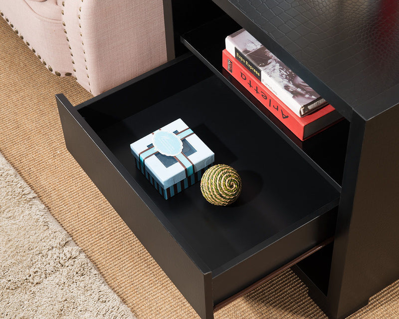 Accent Table, Sofa Side Table With Drawer And 2 Tier Shelves - Black