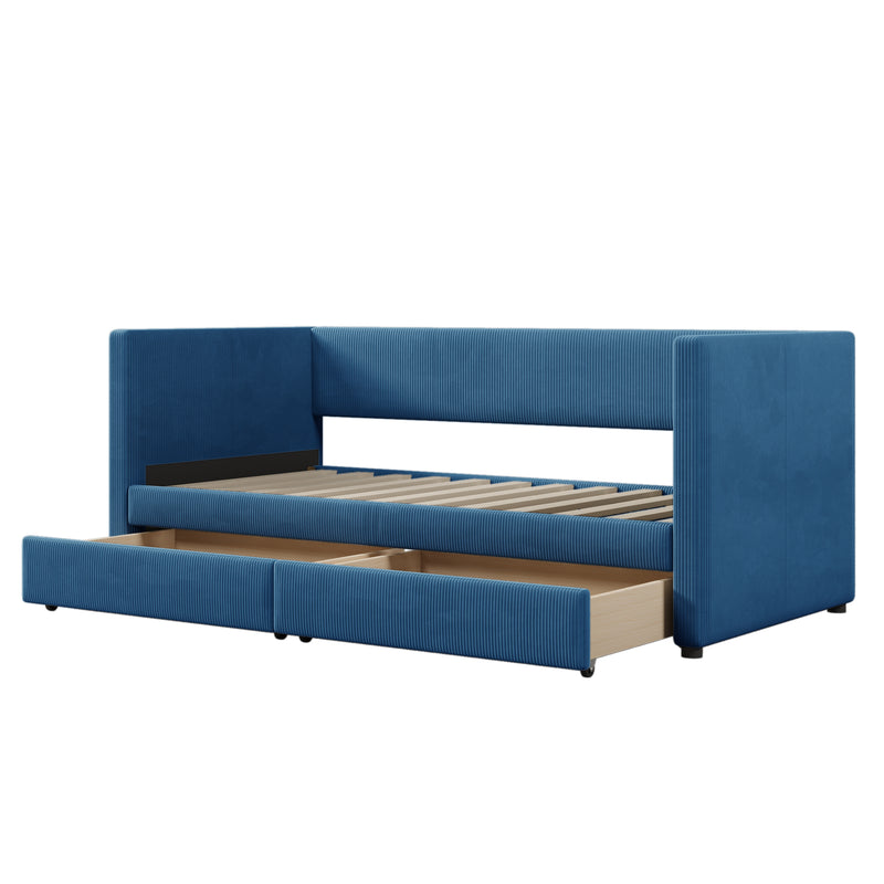 Twin Size Corduroy Daybed with Two Drawers and Wood Slat, Blue