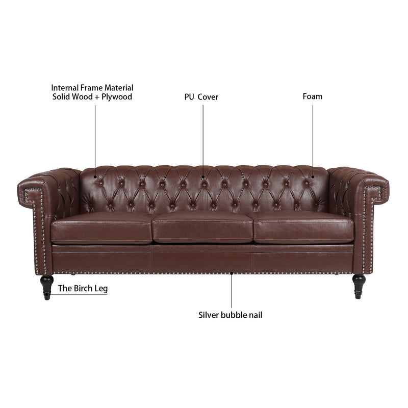 83.66" Width Traditional Square Arm Removable Cushion 3 Seater Sofa - Dark Brown