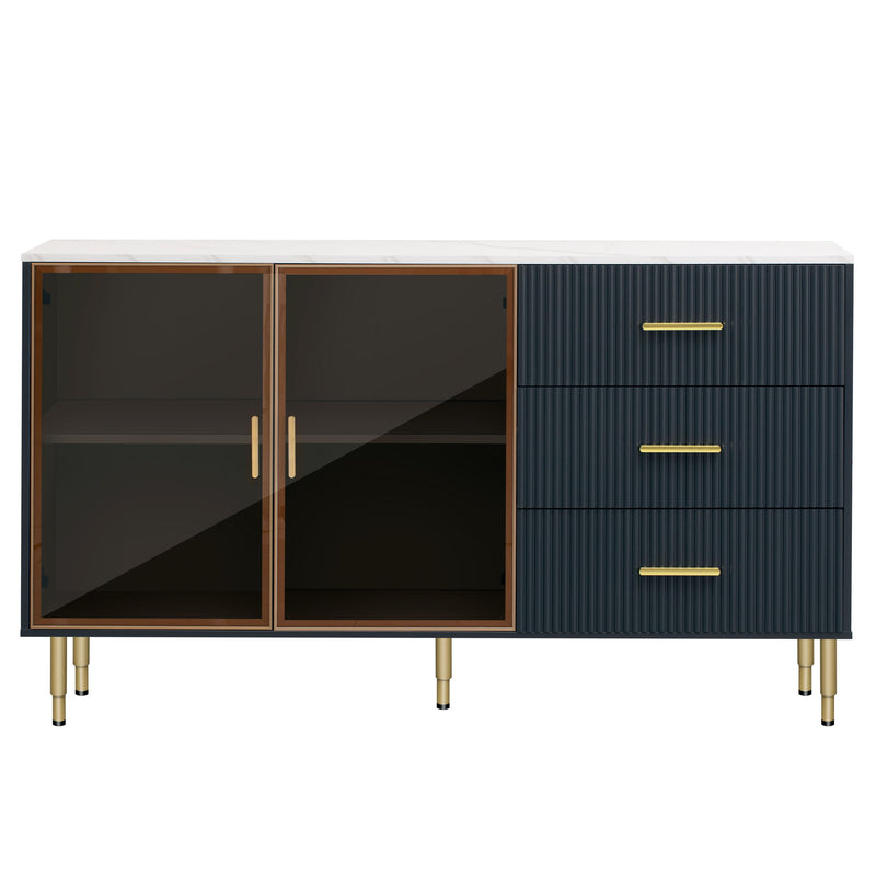 Modern Sideboard Buffet Cabinet Marble Sticker Tabletop And Amber-Yellow Tempered Glass Doors With Gold Metal Legs & Handles