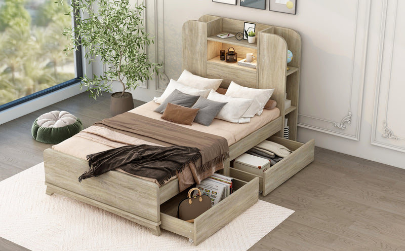 Twin Size Storage Platform Bed Frame with with Two Drawers and Light Strip Design in Headboard,Natural