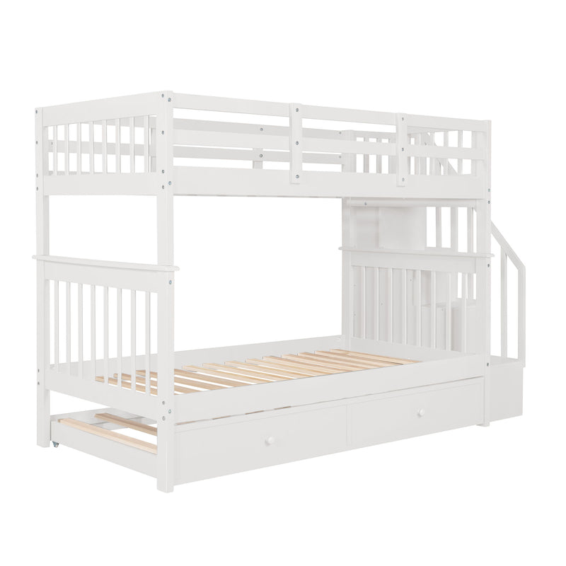 Stairway Twin Over Twin Bunk Bed With Twin Size Trundle For Bedroom, Dorm, Adults - White