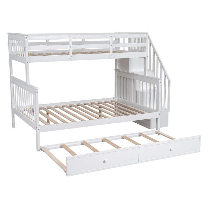 Twin Over Full Bunk Bed With Twin Size Trundle, Storage And Guard Rail For Bedroom, Dorm, For Adults - White