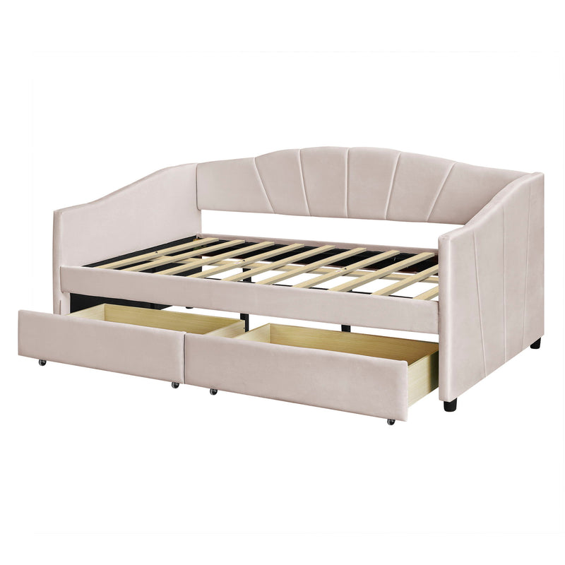 Twin Size Upholstered Daybed With Two Drawers And Wood Slat - Beige