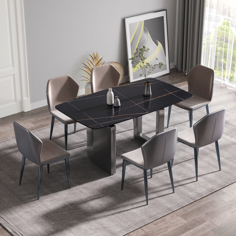 63" Modern Artificial Stone Black Curved Black Metal Leg Dining Table, 6 People - Black