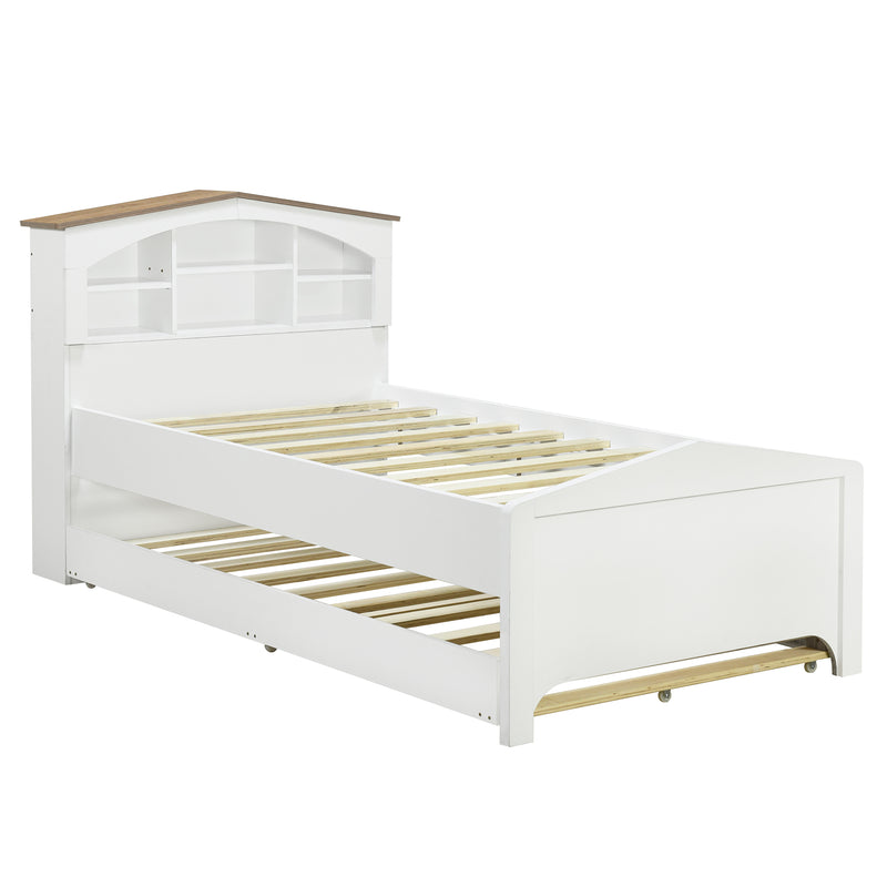 Twin Size Wood Platform Bed with House-shaped Storage Headboard and Trundle, White