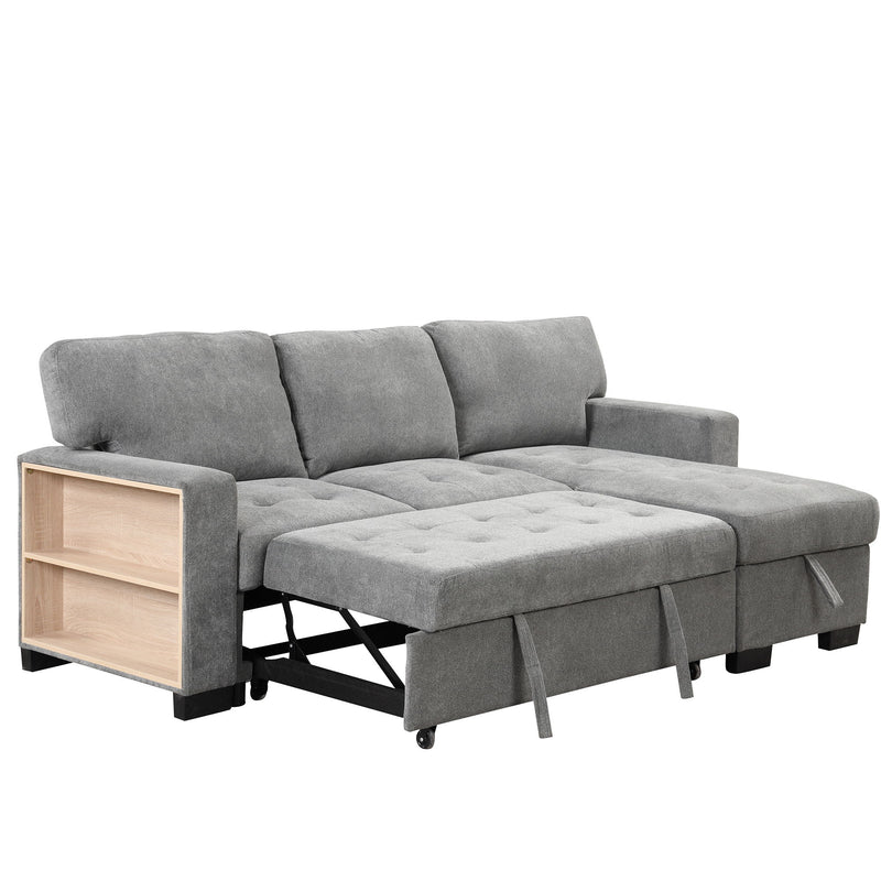 Stylish And Functional Light Chaise Lounge Sectional With Storage Rack Pull-Out Bed Drop Down Table And USB Charger