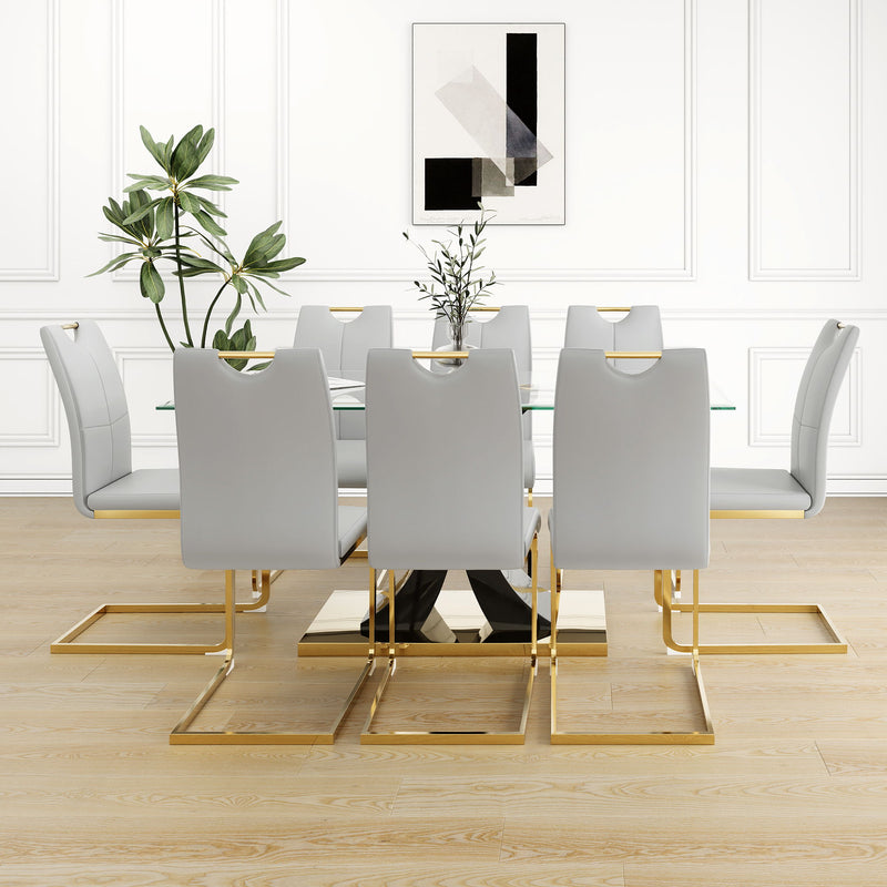 Modern Style Glass Dining Table With Elegant Transparent Design, Solid Support Base, Pale Yellow Dining Chair Set With Gold-Plated Legs, Suitable For Restaurant Kitchens