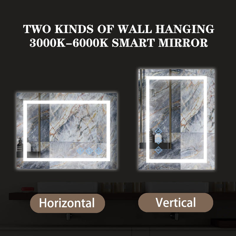 32X24" 3000-6000K LED Bathroom Mirror With Lights, Anti-Fog Dimmable Lighted Wall Mounted Vanity Mirror Master Bath Modern Makeup (Only Mirrors, Not Cabinets) Horizontal & Vertical - Glossy Brushed Silver